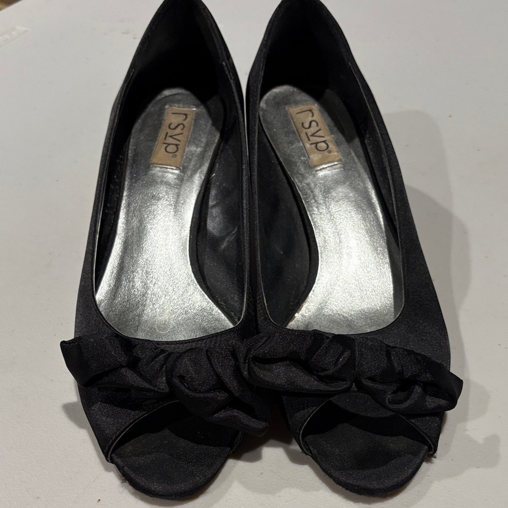 RSVP - Black Peep Toe Heels with Ruffle Detail. Size 11.